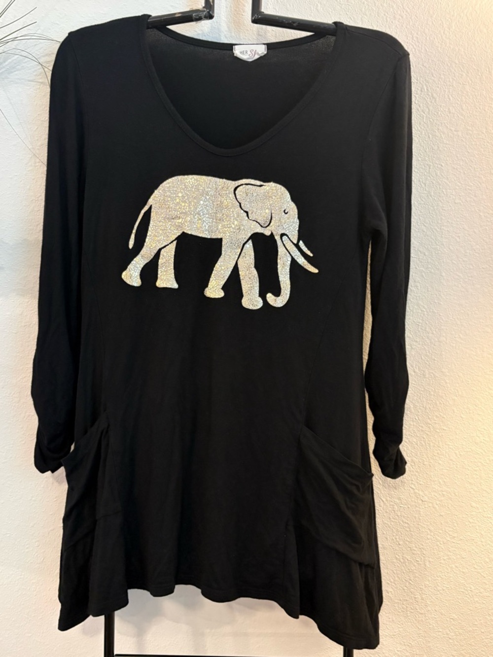 Women's Black V-Neck Tunic with Silver Elephant Graphic